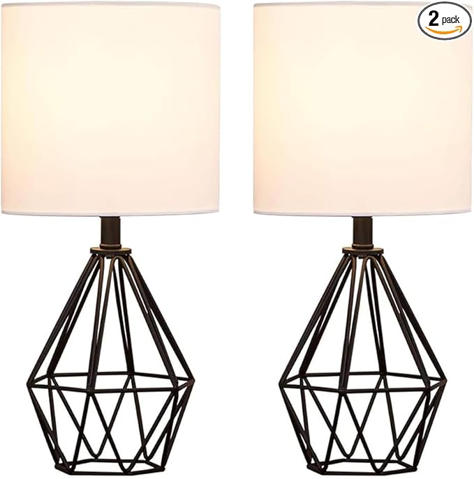 COTULIN Black Bedside Table Lamps Set of 2, Small Nightstand Lamps for Bedroom, Modern Desk Lamps with TC Fabric Shade Geometric Metal Base for Living Room Study Office Farmhouse