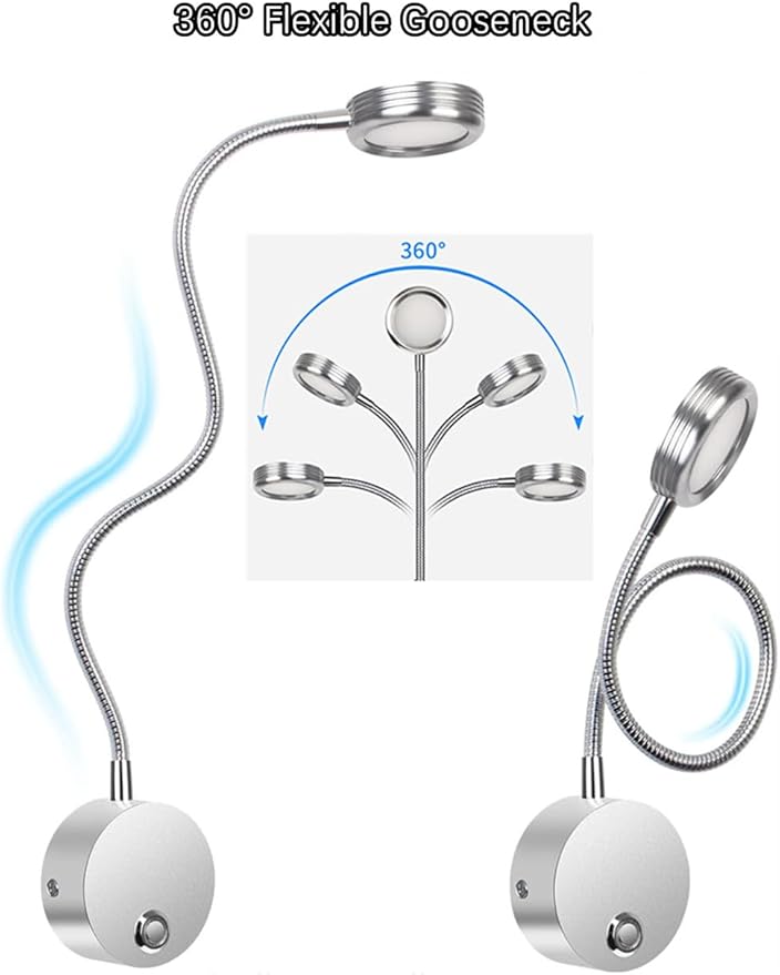 Plug in Dimmable LED Reading Lamp,Wall Mount Book Lights for Bed Headboard,Touch Control, Flexible Gooseneck Headboard,3 Color Modes,10 Brightness Leves, USB Output, Easy to Install Silver 1 Pack