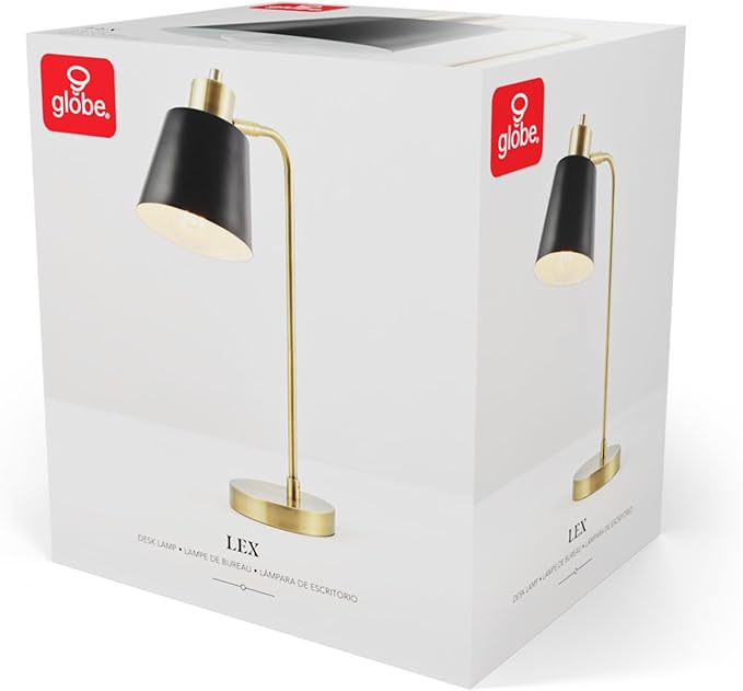 Globe Electric 61000055 18" Desk Lamp, Matte Brass Finish, Black Metal Shade, Adjustable Pivot Joint, On/Off Rotary Switch on Shade, E26 Base, Modern Lamp for Living Room or Home Office