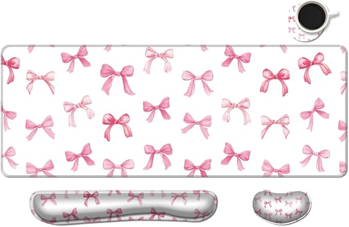 MIBITRI Keyboard Mouse Pad Set, Extended Gaming Mouse Pad+Ergonomics Keyboard Wrist Rest Support, Memory Foam, Easy Typing, 4Pcs XXL Ultra Thick Desk Mat, Pink Bows