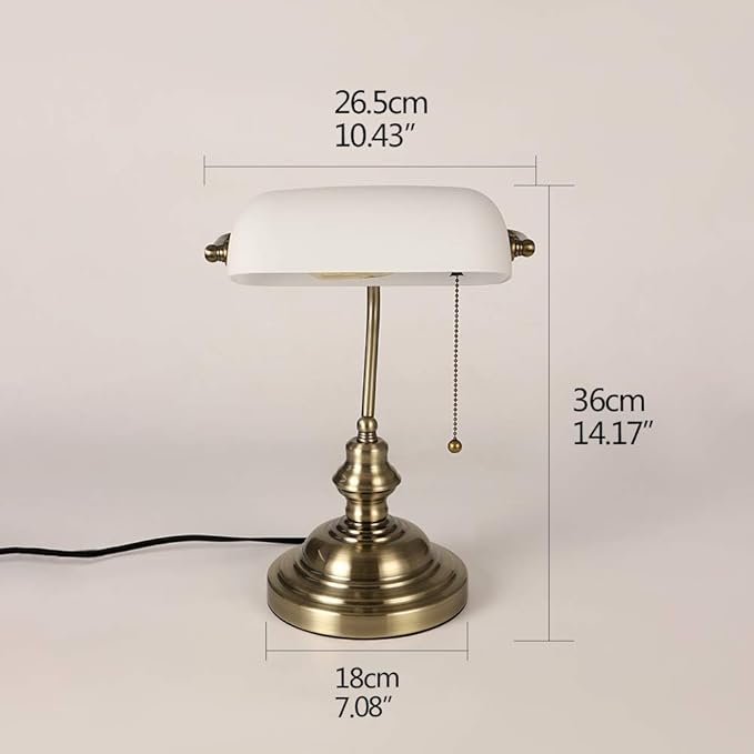 Newrays Glass Bankers Desk Lamp with Pull Chain Switch Plug in Fixture,Satin Brass Finish (White)
