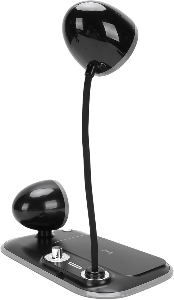 Pomya Black LED Desk Lamp with Wireless Charger | Dimmable White, Light, Eye Caring for Reading, 15W Fast Charging for iOS &, 360° Metal Gooseneck, Compact