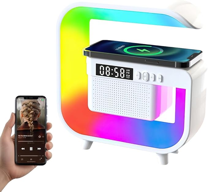 Smart LED Table Lamp, Wireless Charger with 10W Fast Charging and Sunrise Alarm Clock, Bluetooth Speaker Lamp for Bedroom, Office, and Living Room Ambiance