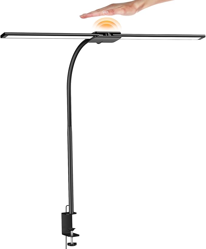 Syrinx LED Desk Lamp for Office Home – Eye Caring Dual Head Desk Light with Flexible Goose-Neck, Clamp, Motion Sensor/Wired Control, 50 Lighting Modes with Memory/Timer, Table Lamp for Study, Drafting