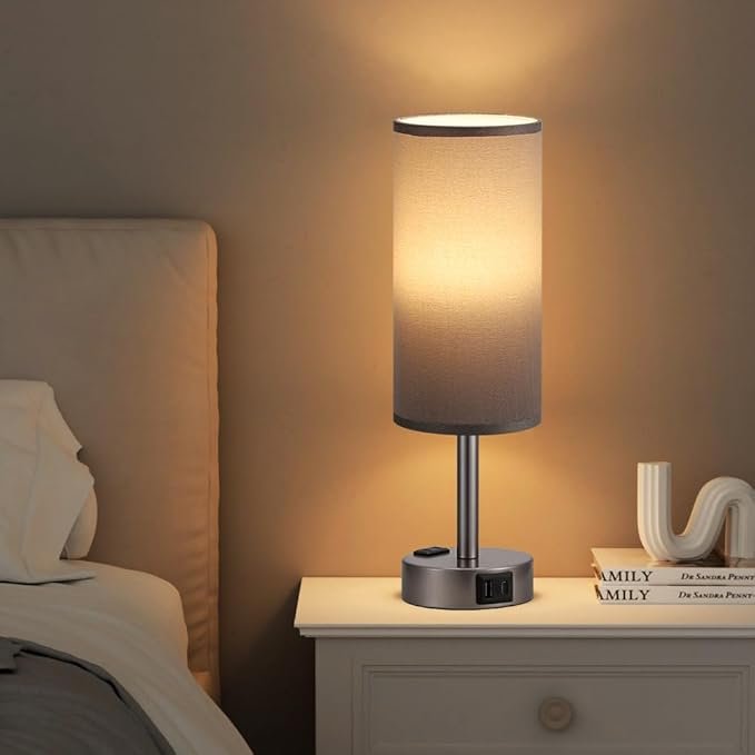Fenmzee Grey Bedside Table Lamp for Bedroom - 3 Way Dimmable Touch Lamp USB C Charging Ports and AC Outlet, Small Lamp for Living Room, Desk, LED Bulb Included