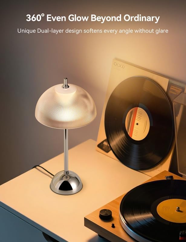 Tubicen Flowerpot Chrome Bedside Table Lamp Plug In Decor Transparent Striped Mushroom Table Lamp Memory Function Modern LED 4-Stage Touch Dimmable Desk Table Lamps for NightStands Bedroom Home Office