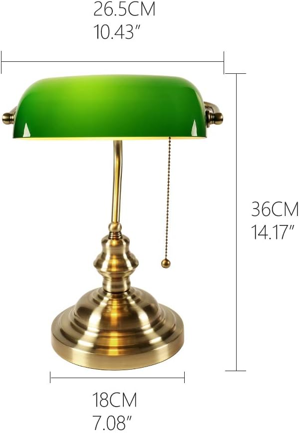 FIRVRE Green Glass Bankers Desk Lamp, Antique Desk Lamps with Brass Base, Traditional Library Lamp with Pull Chain, Vintage Desk Lamp for Office, Study Room (Bulb Included)