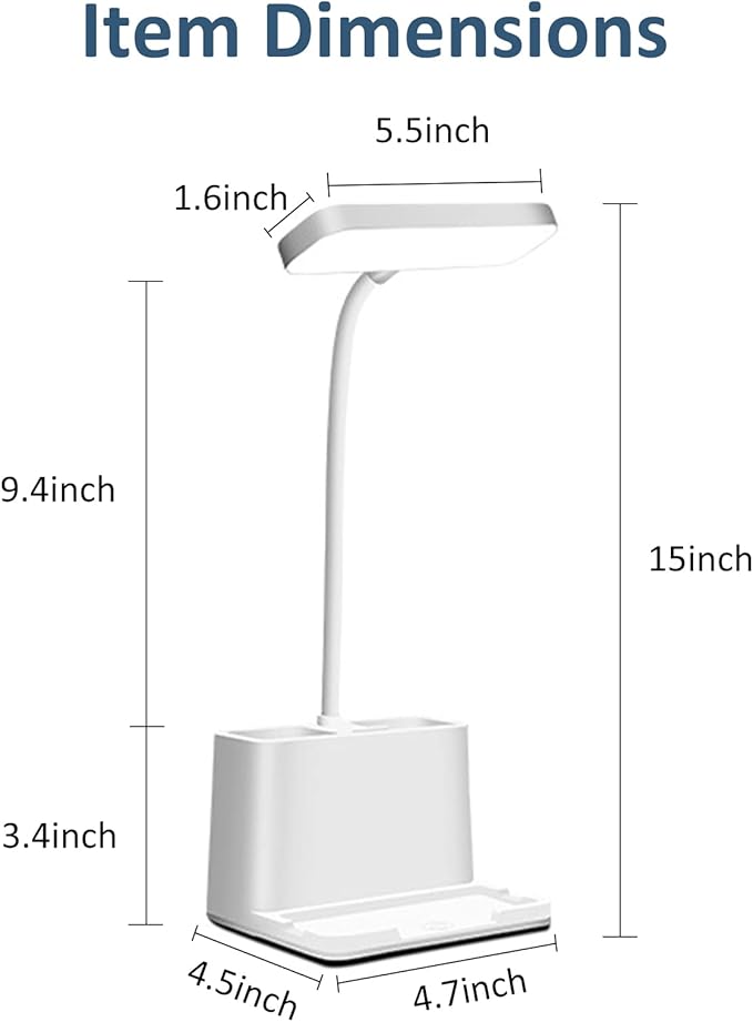 TOPROAD LED Small Desk Lamp with Pen Holder/Phone Holder Function, Rechargeable Desk Light with Flexible Gooseneck, 3 Modes, Eye Caring, Small Study Lamp for Kids, Home, Office, College Dorm Room