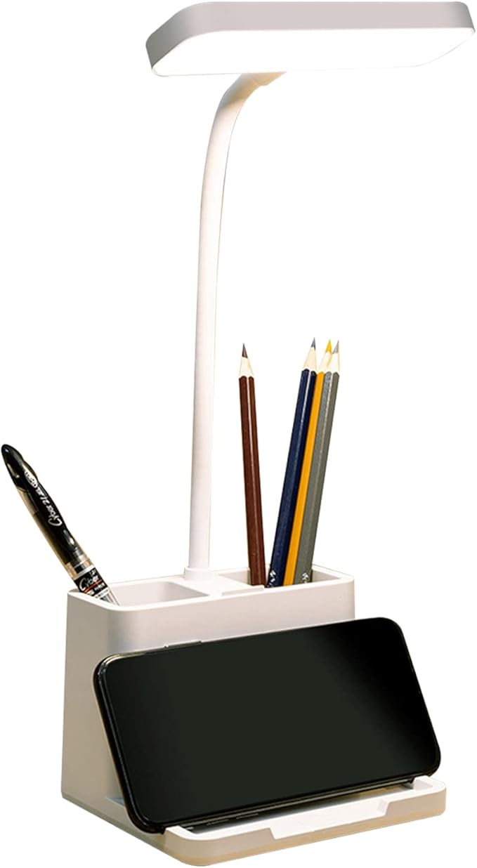 TOPROAD LED Small Desk Lamp with Pen Holder/Phone Holder Function, Rechargeable Desk Light with Flexible Gooseneck, 3 Modes, Eye Caring, Small Study Lamp for Kids, Home, Office, College Dorm Room
