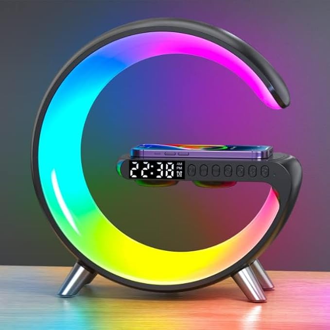 Wireless Charger Atmosphere Lamp, 2026 New Intelligent LED Table Lamp, Bluetooth Speaker, Dimmable Night Light Bedside Lamp Alarm Clock with Music Sync, App Control for Bedroom Home Decor Gift (Black)