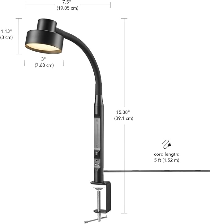 Globe Electric 62000036 15" LED Integrated Clamp Desk Lamp, Matte Black, Adjustable Silicone Gooseneck, Dimmable, 2.1 USB + USB-C Ports, 4.5 Watts, 3 Color Temperatures, 250 Lumens