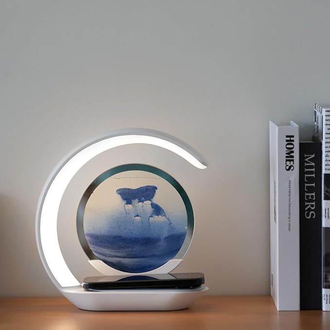 LED Table Lamp with Wireless Charging, Crescent Moon Design, Blue and Orange Sand Art Display, Blue