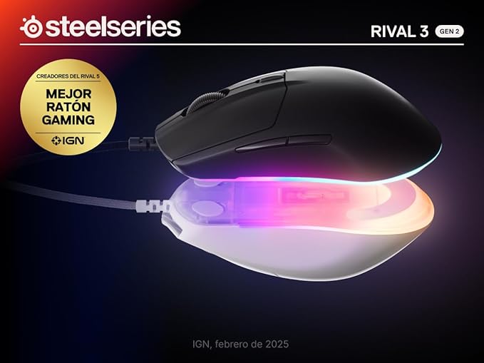 SteelSeries Rival 3 Gen 2 Gaming Mouse — 8500 DPI TrueMove Core Optical Sensor — 60 Million Click Durability — Low Latency — 77g Lightweight — 100% PTFE Feet — RGB — White