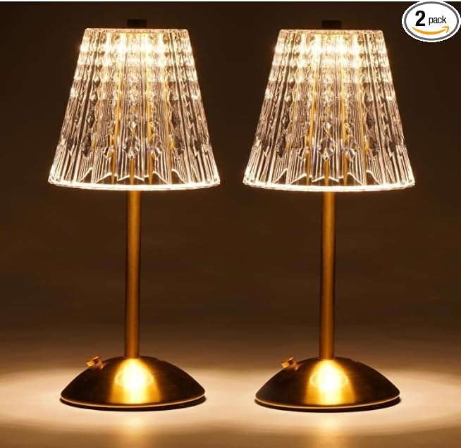 Cordless Touch Table Lamp, LED Rechargeable Small Dask Lamp, 3 Colors Dimmable Battery Operated Crysta Lamp for Bedroom Restaurant Kitchen Home Decor, Gold, 2pcs