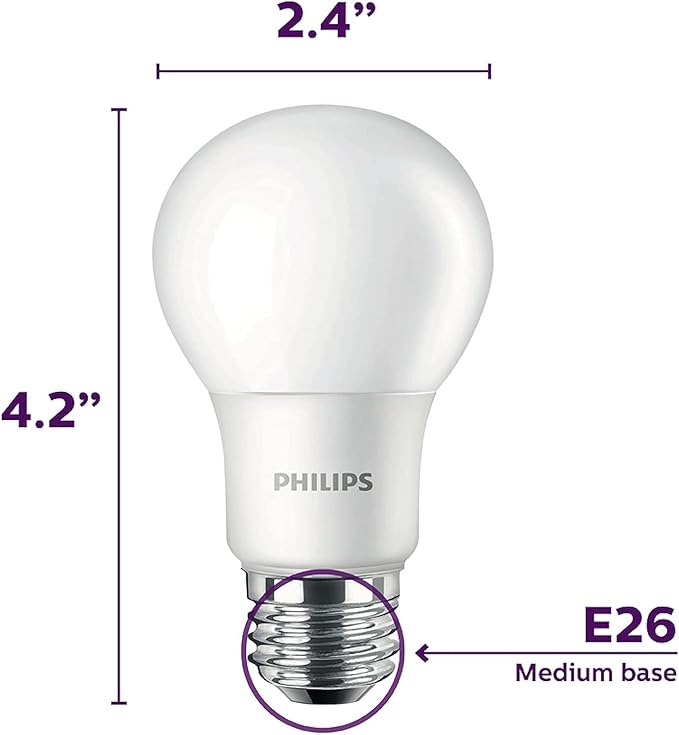 Philips LED Basic Frosted A19 Non-Dimmable, Eye Comfort Technology, 450 Lumen, Daylight(5000), 5.5W=40W, E26 Base, 4PK
