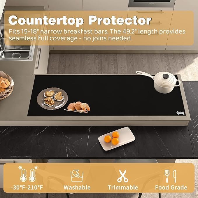 49.2" x 15.7" Large Silicone Mat for Kitchen Counter Protector, Cuttable Silicon Countertop Protector Mat Heat Resistant Mats for Countertop, Cut to Fit Placemat Ship Roll by Foepoge, Black
