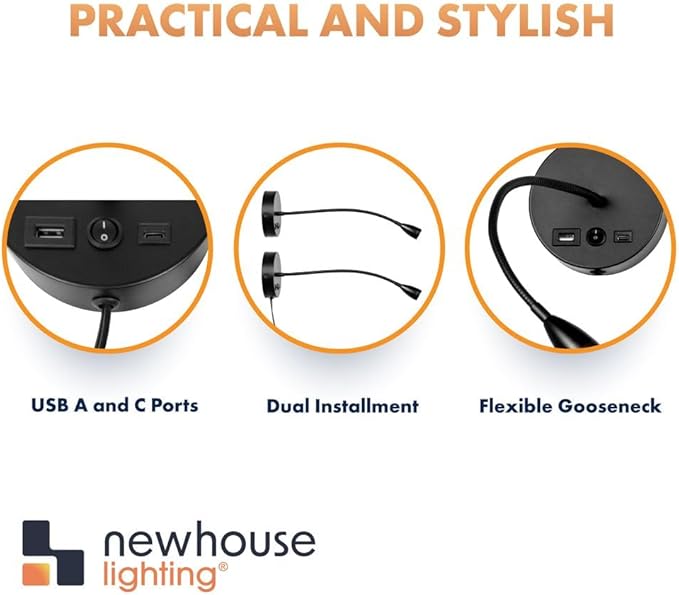 Newhouse Lighting 4.5 in. W x 15 in. H Cole Gooseneck Reading Light in Matte Black with USB-A and USB-C Charging Ports NHRL-CO-BLK, Bedside Lamp for Nightstands, Space-Saving Office Desk Accessory