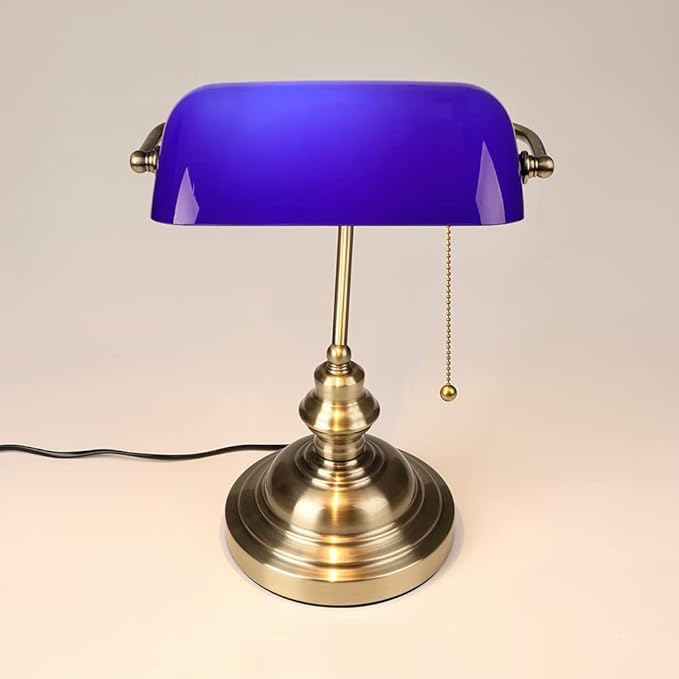 FIRVRE Blue Glass Bankers Desk Lamp Bright Executive Table Lamp Bronze Finish Basis with Pull Chain Switch E26 for Bedroom Bedside Home Office Student Dorm Library Piano