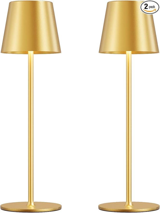 Cordless Table Lamp Rechargeable Gold - KK 2 Pack 5000mAH Battery Operated Lamp for Dining Table, 3 Color Stepless Dimming Waterproof LED Wireless Lamp for Counter, Outdoor Patio, Touch Control