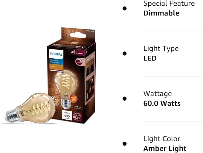 PHILIPS LED 60W A19 1-Pack Vintage Edison Spiral Amber (2000K) 400 Lumen (6.5W = 60W) Dimmable Flicker-Free Light Bulb