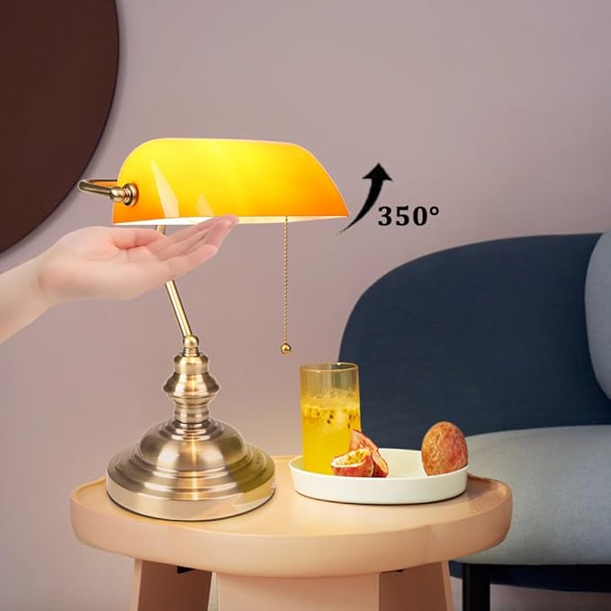 FIRVRE Bankers Desk Lamp with Pull Chain Switch, Amber Glass Shade Desk Lamps, Bronze Base,Vintage Library Lamp for Home Office, Study Room,Piano