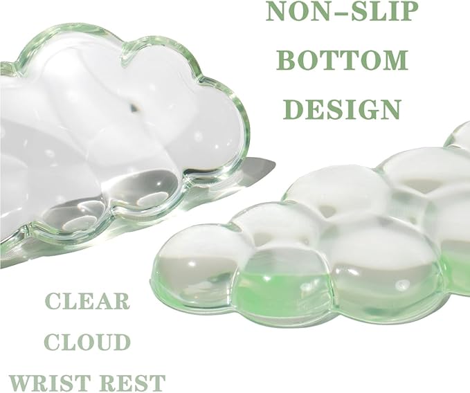 Clear Gel Wrist Rest for Keyboard and Mouse, Green Cloud Wrist Rest Set, Cute Ergonomic Silicone Wrist Rest for Computer Keyboard 60%/68%/75%
