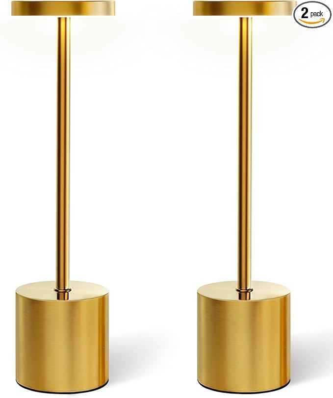 Cordless Table Lamp Set of 2, Gold 5000mAh Rechargeable Battery Operated Lamps, Wireless 3 Color Dimmable Touch Lamp Table Light for Restaurant Dining Patio Outdoor, Home Decor