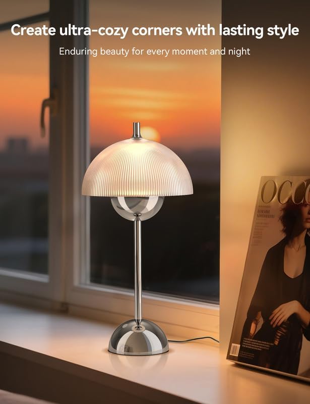 Tubicen Flowerpot Chrome Bedside Table Lamp Plug In Decor Transparent Striped Mushroom Table Lamp Memory Function Modern LED 4-Stage Touch Dimmable Desk Table Lamps for NightStands Bedroom Home Office