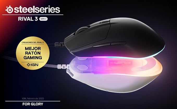 SteelSeries Rival 3 Gen 2 Gaming Mouse — 8500 DPI TrueMove Core Optical Sensor — 60 Million Click Durability — Low Latency — 77g Lightweight — 100% PTFE Feet — RGB — White