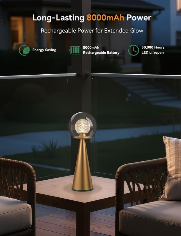 Tubicen Gold Cordless Table Lamp Dual-Globe Glass Shade 8000mAh Battery Operated Rechargeable Table Lamp Portable 3 Color Stepless Touch Dimmable Desk lamp for Bedroom Bedside Restaurant Bars Coffee