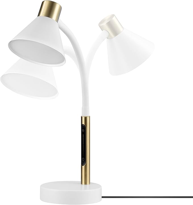 Globe Electric 62000035 15" LED Integrated Desk Lamp, Matte White, Brass Accent, Adjustable Gooseneck, Dimmable, 3 Color Temperature, 7.5W, 90 CRI, 400 Lumens, Reading Light, Dorm Room Essentials