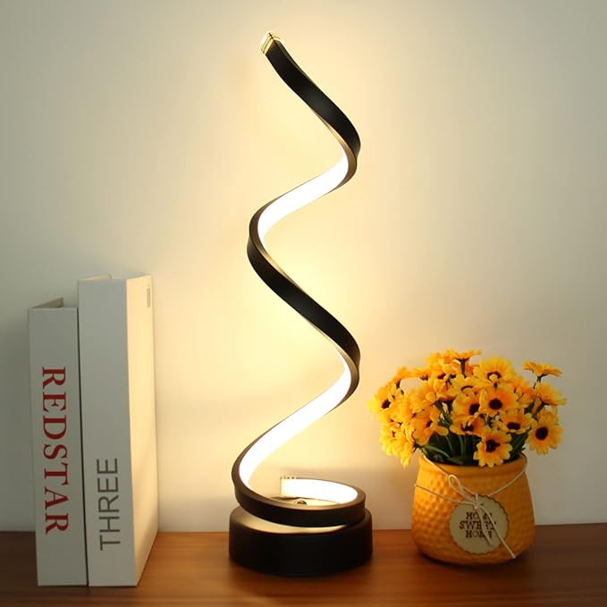 Modern Table Lamp Set of 2, Dimmable Spiral Desk Lamps for Bedside, 12W LED with 3 Color & 10 Brightness Levels, Perfect for Bedroom & Living Room (Black)