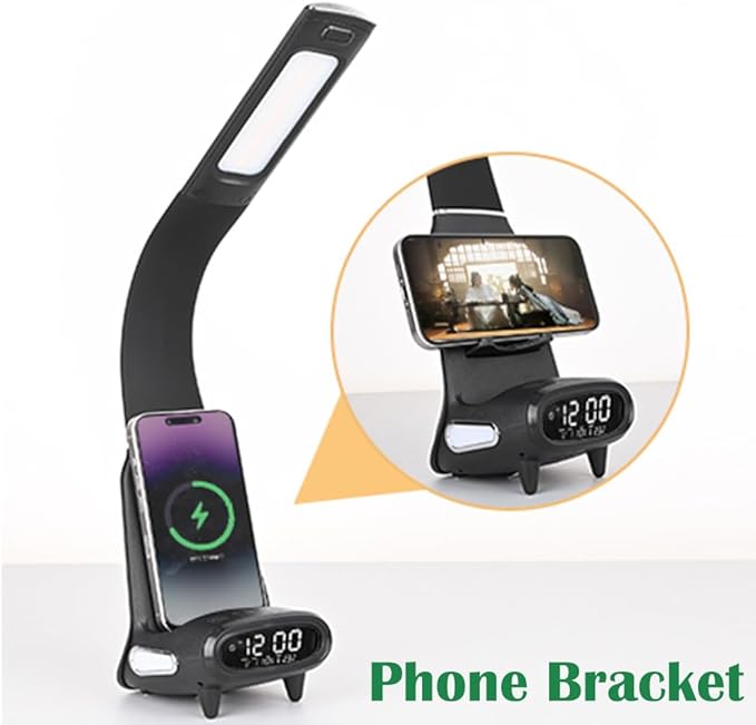 IHAO Multi Functional Smart Eye-Care Desk Lamp Wireless Charger & Digital Alarm Clock Gesture Control Adjustable Light 15W Fast Charging Hidden Phone Stand, Date Timer Display Wake-Up Light-TX79 Black