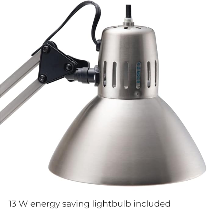 V LIGHT Architectural Swing Arm Desk Lamp, Clamp lamp with LED bulb, Work Light for Any Space, Brushed Nickel Finish 7.5 x 5.5 x 33