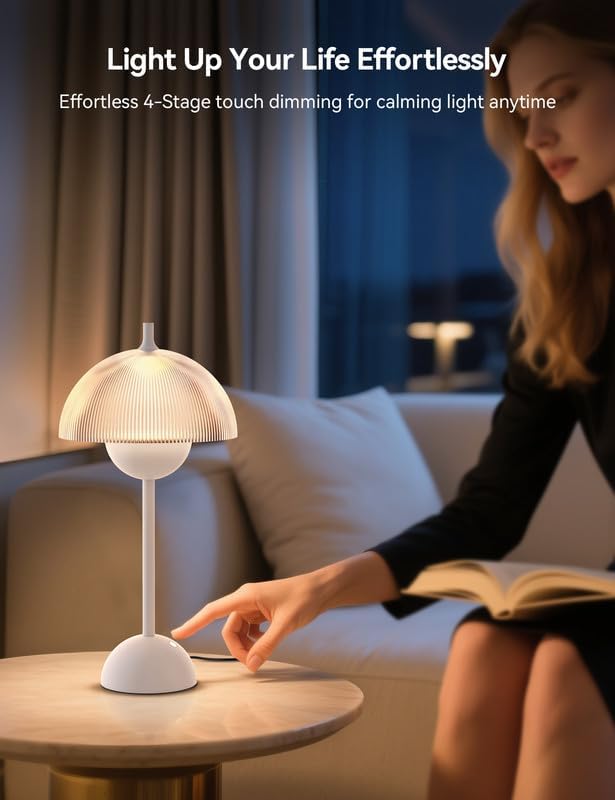 Tubicen Flowerpot Bedside Table Lamp Plug in Decorative Transparent Striped Mushroom Table Lamp Memory Function Modern LED 4-Stage Touch Dimmable Desk Table Lamps for NightStands Bedroom Home Office