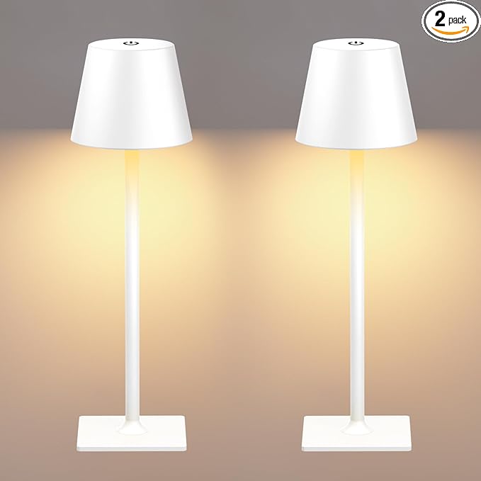 White Cordless Table Lamp Set of 2 for Patio Restaurant Home Dinner Kitchen