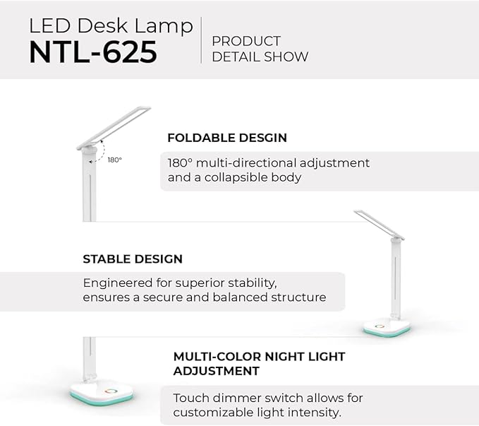 NTL-625QI - LED Desk Lamp with Wireless Phone Charger, RGB Night Light, Adjustable Color Temperature, and USB Phone Charging Port for Home and Office - White