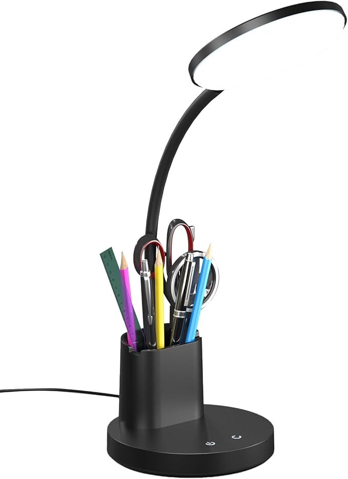 Desk Lamp, LED Desk Lamps for Home Office, Touch Table Lamp with 3 Color Modes 360° Adjustable Arm, Dimmable Desk Light with Pen Phone Holder, Black