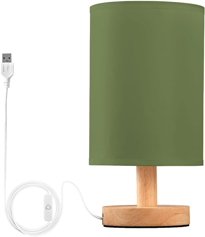 Olive Green Solid Color Bedside Table Lamp for Bedroom Nightstand, Small Eye Care LED Desk Reading Lamp USB Port Wood Base Round Flaxen Fabric Shade for for Kids Room Living Room Office Desk