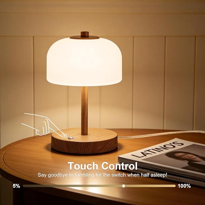 Oneach 9" Touch Control Table Lamp Set of 2, Wood Grain Dimmable LED Bedside Lamp with 3 Color Temperatures, USB A+C, Small Modern Table Lamps for Bedroom Nightstand Living Room