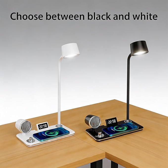 All-in-One Bedside Lamp with Wireless Charger, Digital Clock, Bluetooth Speaker & Adjustable Lighting - 15W Fast Wireless Charging, Dimmable 3 Color Modes, Flexible Gooseneck,HYT1772 Black.