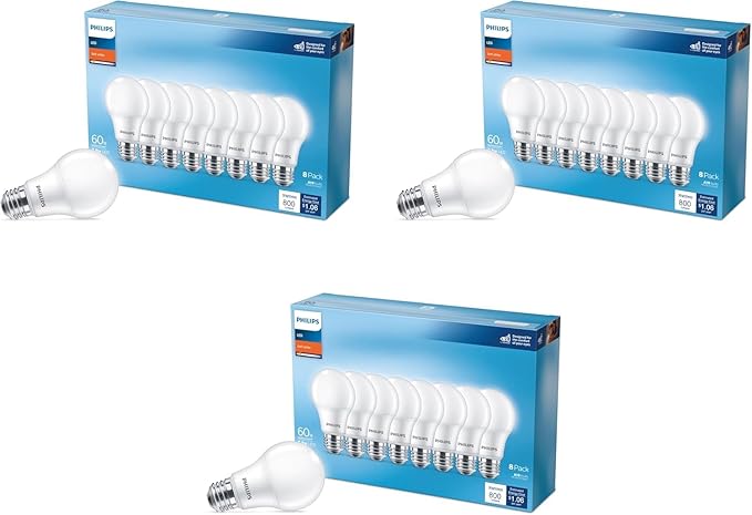 PHILIPS LED 60W A19 24-Pack Basic Soft White Light Bulbs (2700K) 800 Lumen (8.8W = 60W) Frosted Flicker-Free Light Bulbs (E26 Base)