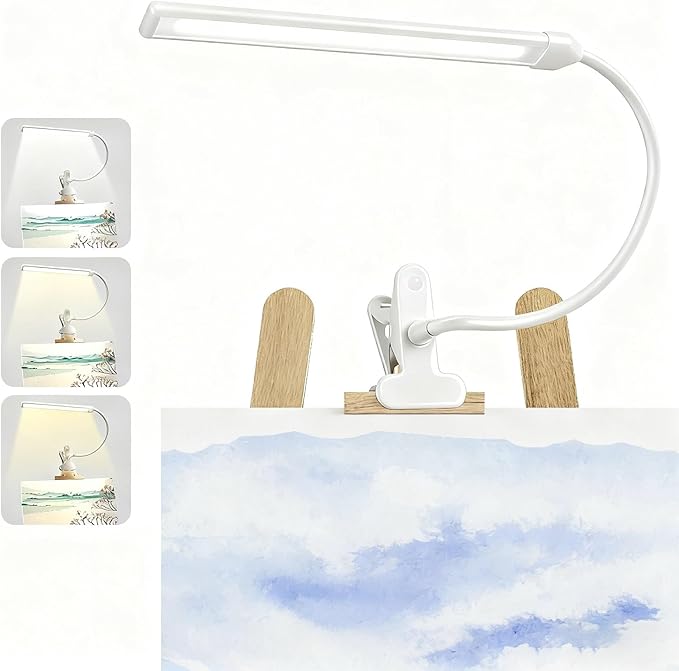 Clip-on Easel Lights for Artists Painting with On/Off Switch Cord, 3 Color Modes, Dimmable Clip Lamps for Over Painting Easel, Desk, Drawing with Flexible Arm, USB-Powered (White)