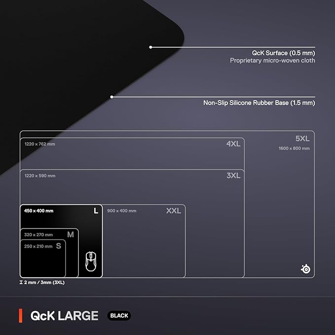 SteelSeries QcK Large Gaming Mousepad — Black — Non-Slip Silicone Rubber Base — Peak Tracking and Stability — Optimized for Gaming Sensors — 490 mm x 420 mm — FPS, MOBAs, RTS, MMO