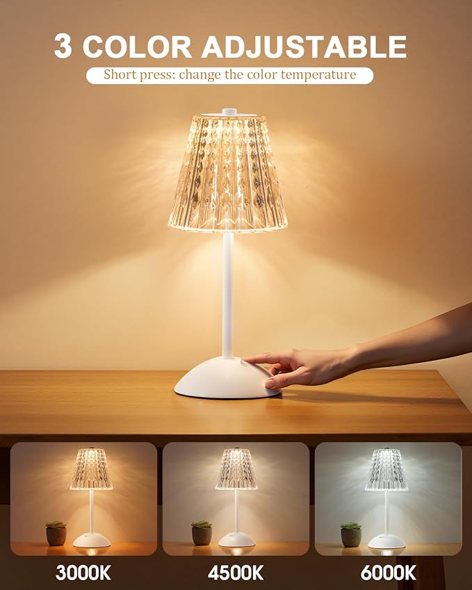 Cordless Touch Table Lamp, LED Rechargeable Small Dask Lamp, 3 Colors Dimmable Battery Operated Crysta Lamp for Bedroom Restaurant Kitchen Home Decor, White