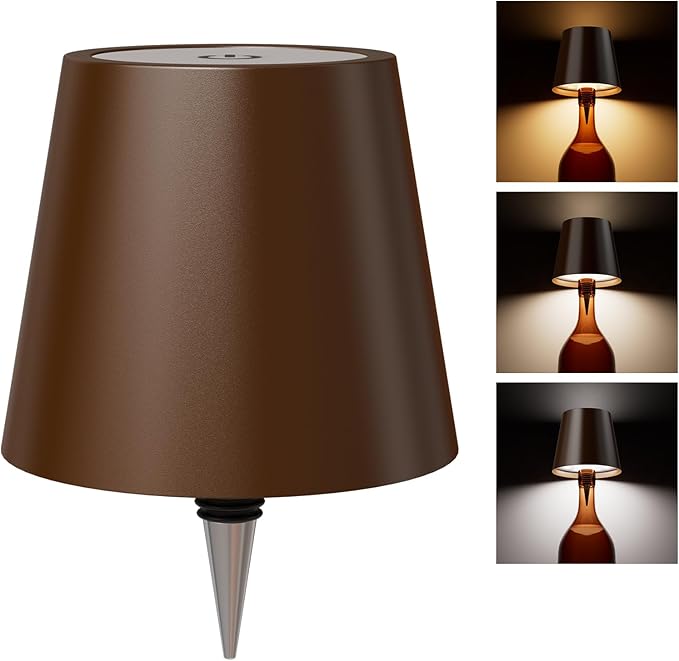 Wireless Bottle Lamp Shade with 3 Color Temperature, Rechargeable Stepless Dimming LED Wine Lights for Any Bottle, Desk Lamp for Bedroom Restaurant Bar - Brown