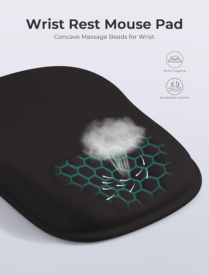 Minimalist Black Ergonomic Mouse Pad for Carpal Tunnel Pain Relief, 65% Usable Mouse Area in Compact Size, Memory Foam Concave Wrist Rest for Office, PC, Gaming