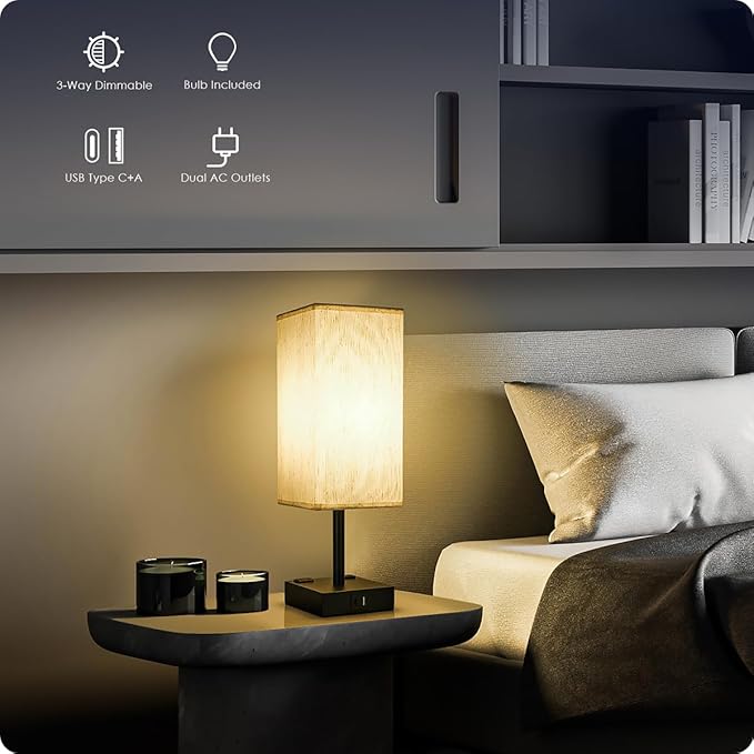 Soilsiu Bedside Table Lamp for Bedroom - Touch Small Lamp with USB C+A Charging Ports & AC Outlets, 3 Way Dimmable Nightstand Light for Living Room (LED Bulb Included, Flaxen)