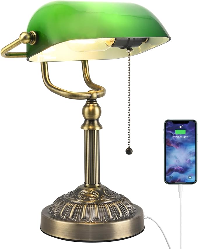 Green Glass Bankers Desk Lamp, Vintage Desks Lamp with USB Charging Port, Traditional Banker's Lamp, Mid Century Desk Lamp Pull Chain for Home Office Library