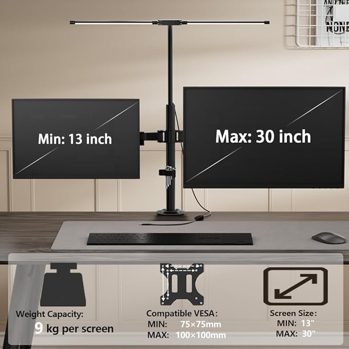 Dual Monitor Stand with LED Desk Lamp,Dual Monitor Mount for Desk Holds up to 30 Inches Screens, Supports 19.84 lbs per Monitor Arm, Swivel, Rotate and Tilt 2 Monitor Desk Mount